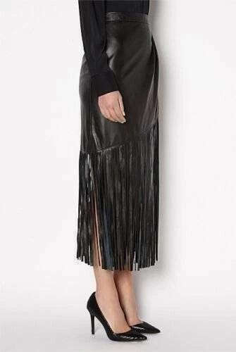 Fashionable Black Fringed Style Women's Leather Skirt Genuine Lambskin Leather