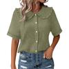 Women Summer Short Sleeve Shirt Dress Style Blouse Ruffle Collar Button Front Closure Casual Loose Fit Textured Top