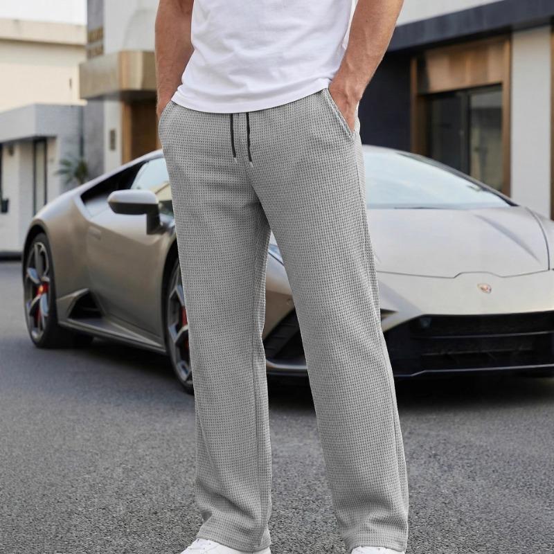 Men s Grey Waffle Knit Drawstring Waist Straight Leg Pants S