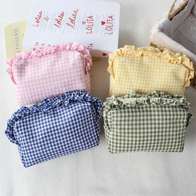Cute High-Value Makeup Bag Case Fresh Grid Lace Pencil Case Portable Large Capacity Toiletry Cosmetic Bag Student Storage Pouch