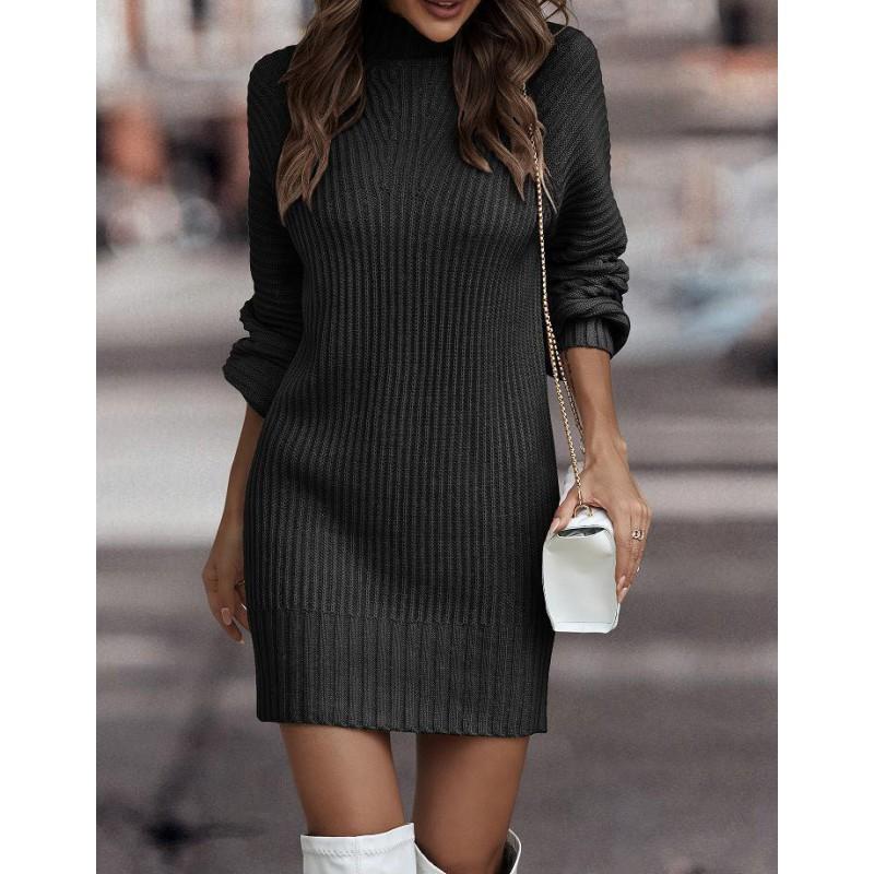 Damen Hochhals Langarm Einfarbig Strick Pulloverkleid Große Größen Bis 5XL Acryl Büro Chic Herbst Winter