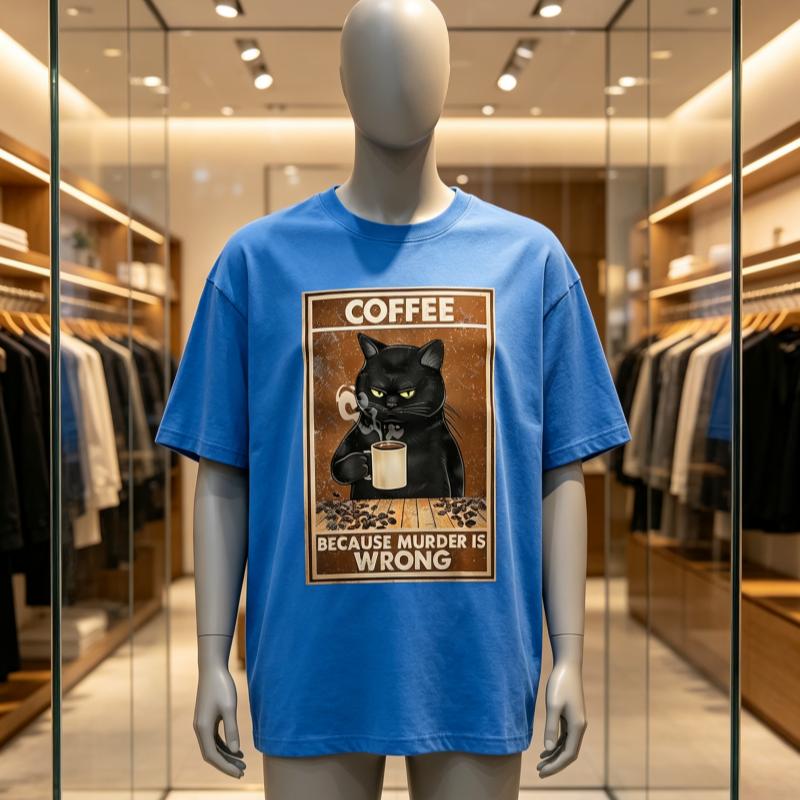 Because Murder Is Wrong Black Cat Drink Coffee Clothing Unisex Wounisex Street Oversized T Shirts Breathable Cotton Streetwear Tshirt