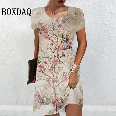 Vestidos de mujer Vestido con estampado de flores en 3D Vestido informal retro de manga corta suelto de talla grande Vestidos de verano para dama