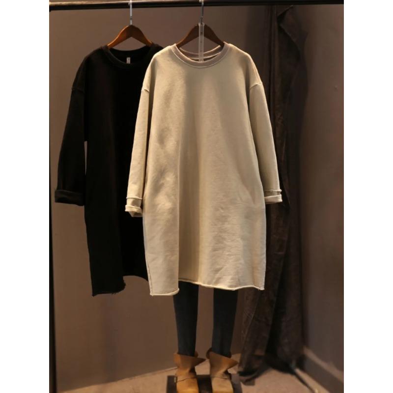 Autumn Winter Solid Color Round Neck Versatile Mid-length Top Loose Sweatshirt Women's Long-sleeved Trendy