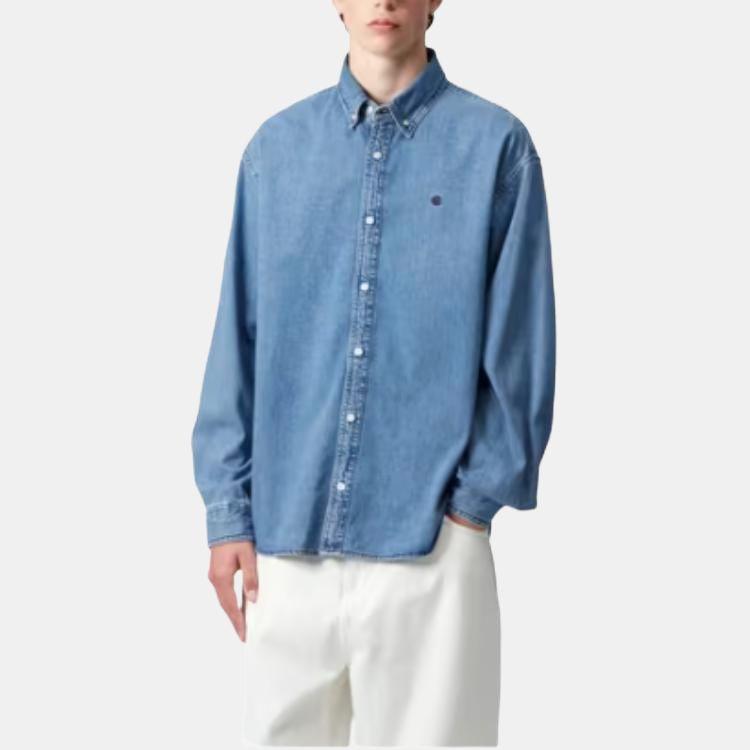 Carhartt WIP Loose Fit Logo Embroidered Button-Up Denim Long Sleeve Shirt Men shirts I034525-01-06
