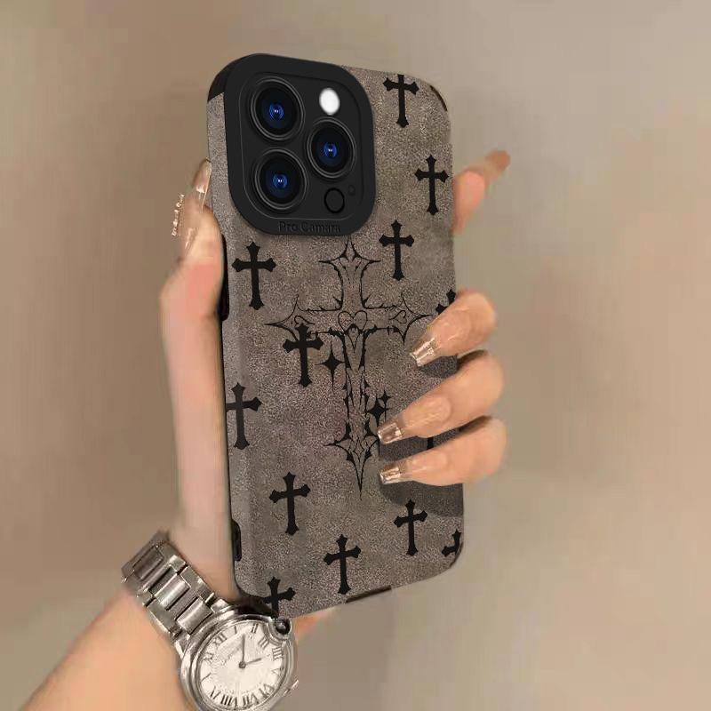 Black Cross Lambskin Leather Phone Case For iPhone 17 Pro Max Air 16 16e 15 14 13 12 11 Pro Max Plus X XS MAX XR Back Cover