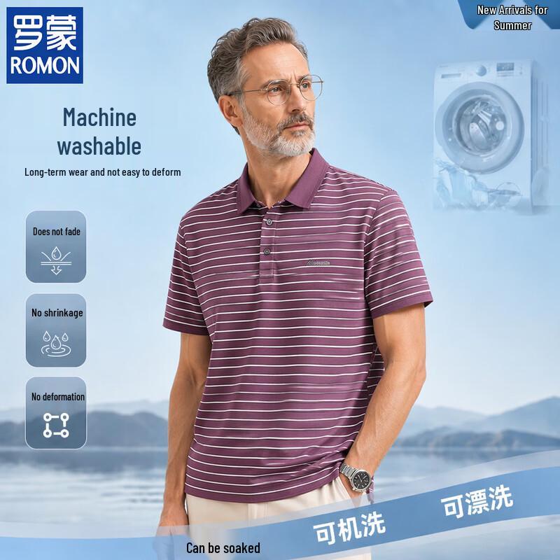 ROMON Men s Striped Breathable Polo T-Shirt M