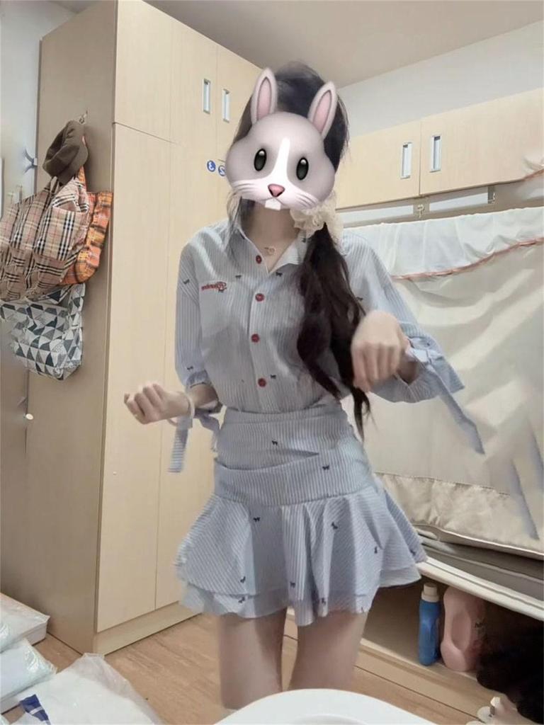 2025 Miu College Style Blue Shirt Dress – Women's Pleated Waist-Cinched Short Skirt for Spring/Summer