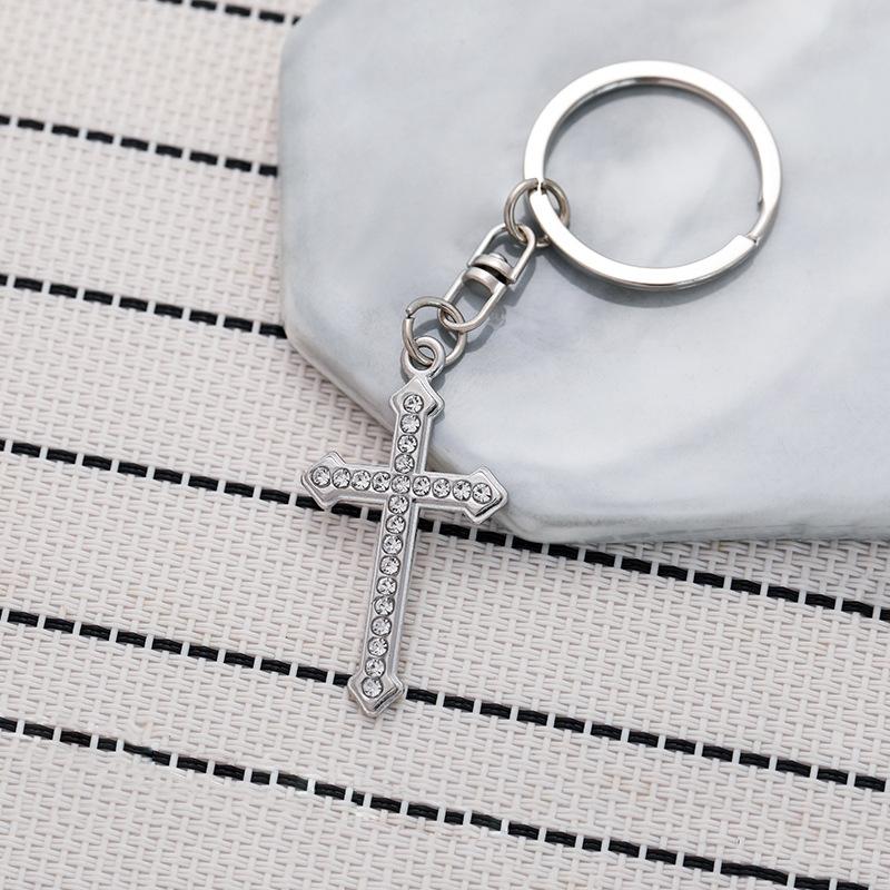 Rhinestone Cross Stainless Steel Keychain INS Simple Style Fashion Bag Pendant Practical Gift for Girlfriend