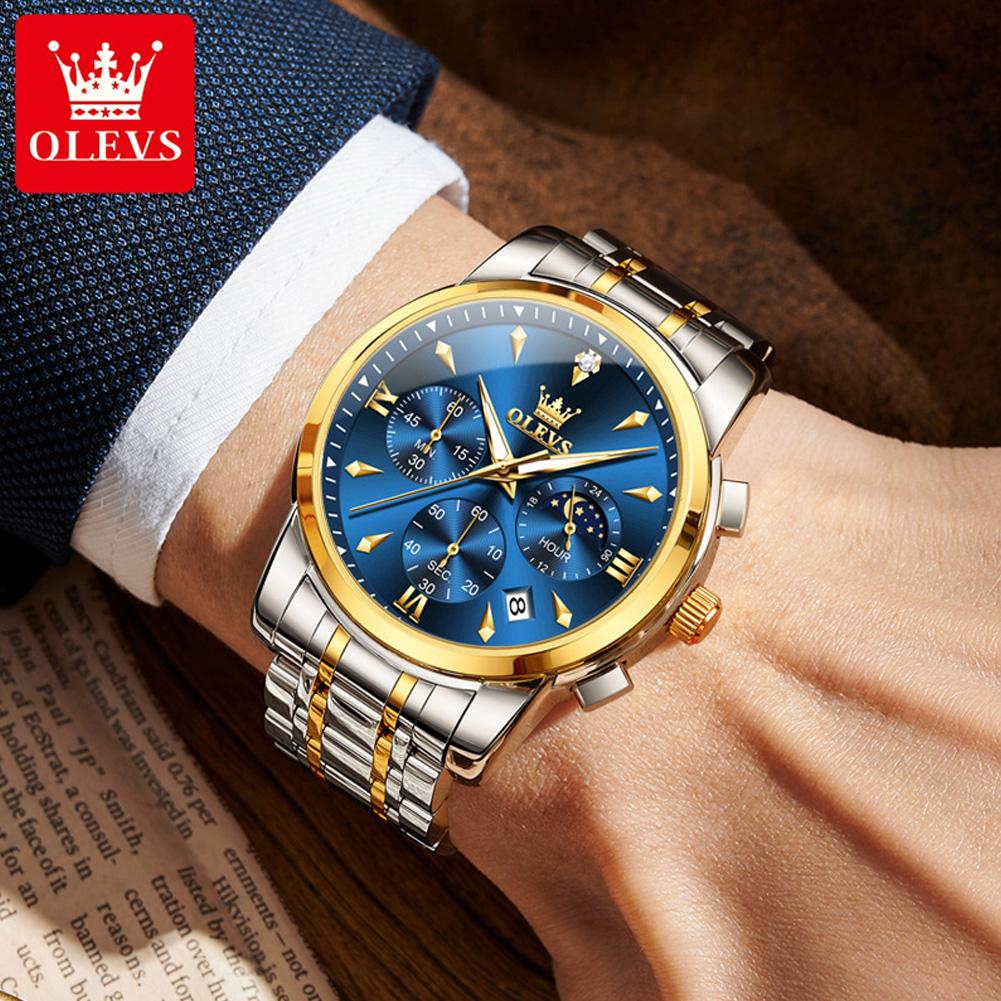 OLEVS Moon Phase Original Mens Watches Classic Three Eyes Waterproof Luminous Chronograph Quartz Wristwatch Brand Watch