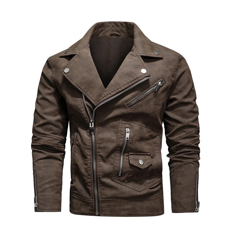 Modna Męska Skórzana Kurtka Motocyklowa w Dużym Rozmiarze z Wieloma Zamkami i Dużym Klapą