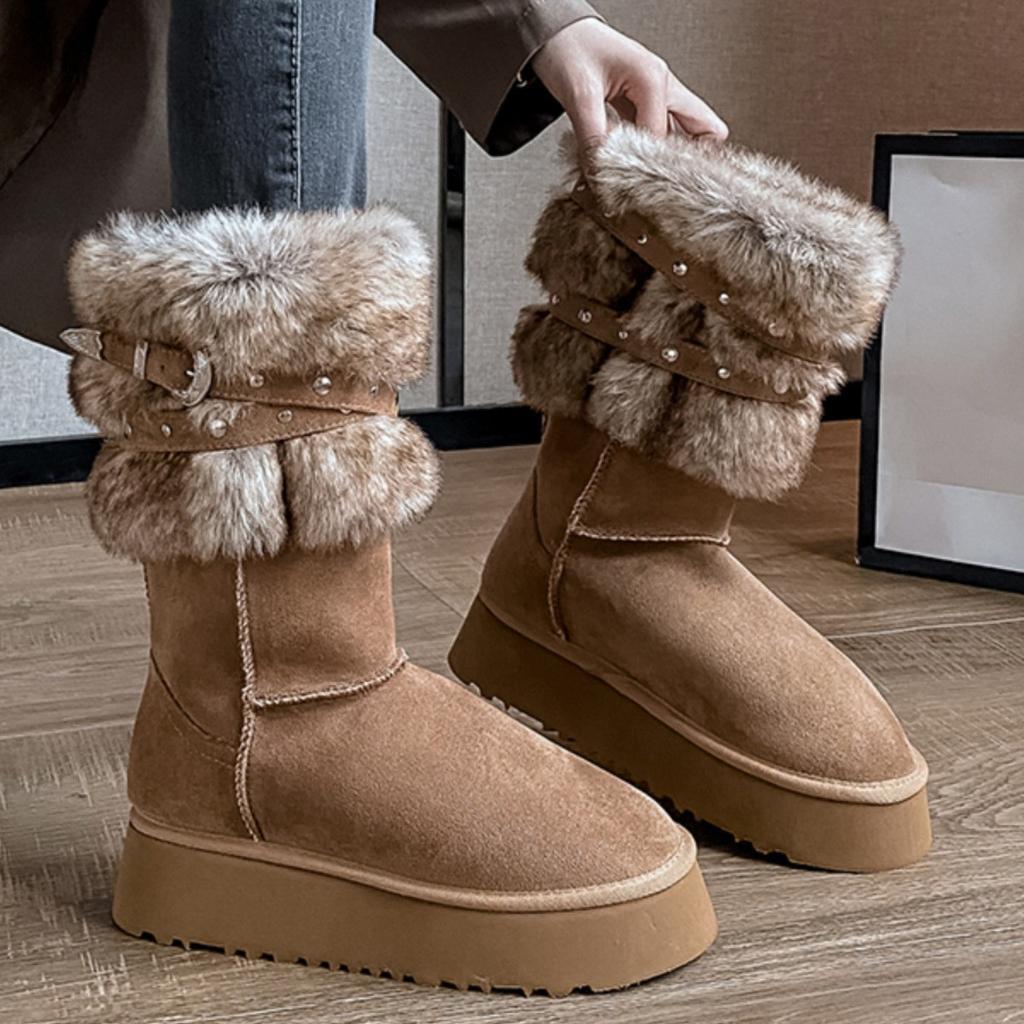 Cowhide version~ Northeast snow boots women's winter velvet thickened new thick-soled mid-tube cotton shoes fashionable versatile fluffy boots