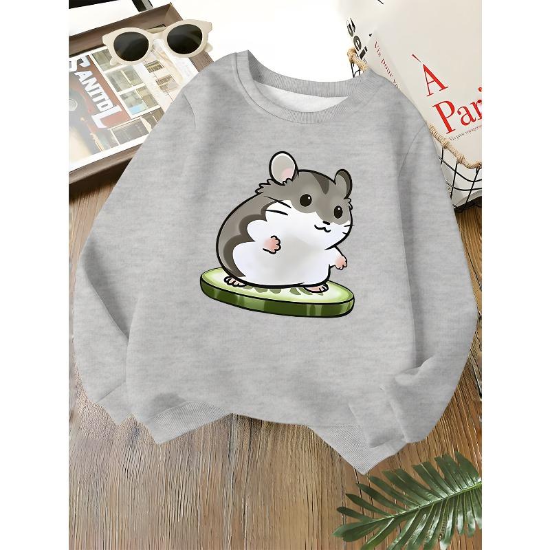 Kids Unisex Crewneck Sweatshirt, Cute Cartoon Hamster Cucumber Print Soft Fleece Long Sleeve Pullover For Boys Girls Over 4 Years Old