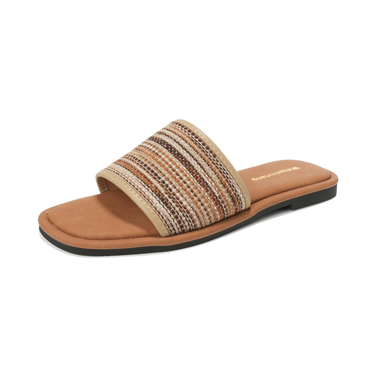 

Korean version of square head matte color matching woven one-word slippers retro casual versatile skirt flat bottom cool slippers women 43 абрикосовый