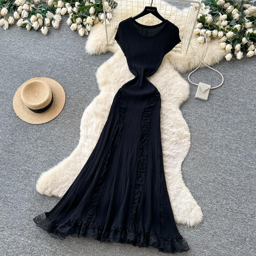 Elegant Lace Patchwork Knitted Midi Long Dress Women Chic Short Sleeve Ruffles Slim Fit Dresses 2026 Casual Daily Office Outfit