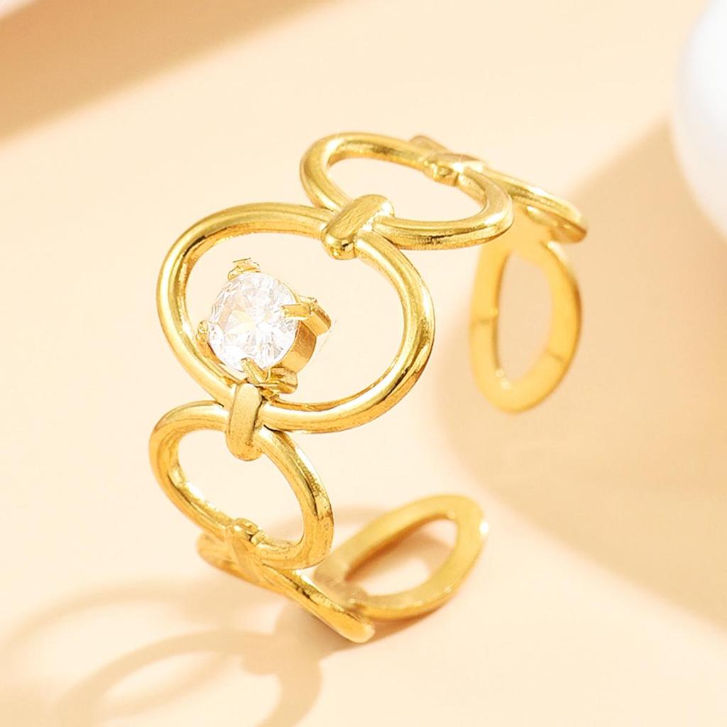 Geometric Hollow Stainless Steel Open Ring with Colored Zircon
