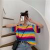 Damen 2024 Sommer Koreanischer Stil Regenbogen Gestreift Locker Kurzarm T-Shirt