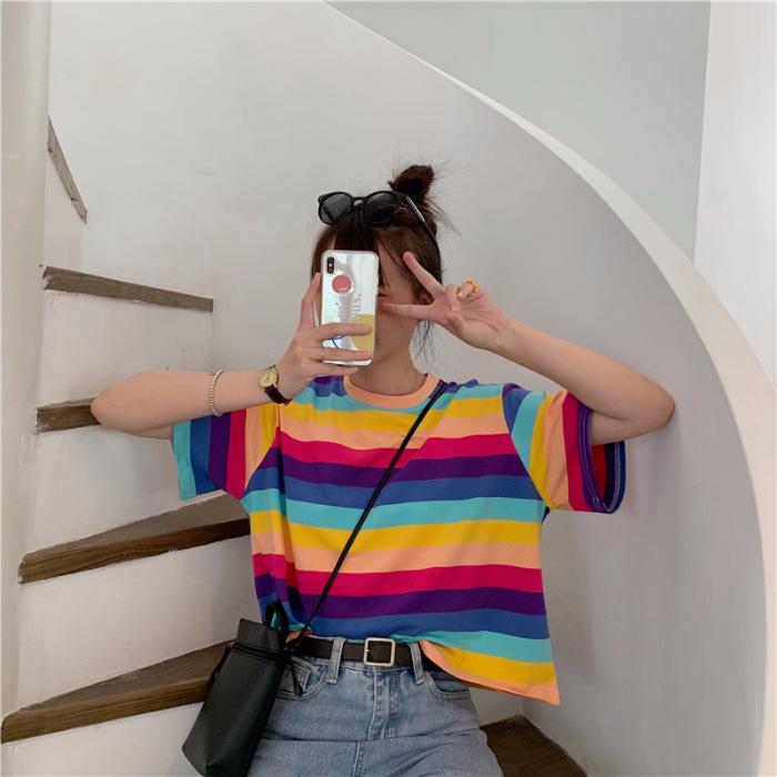 Damen 2024 Sommer Koreanischer Stil Regenbogen Gestreift Locker Kurzarm T-Shirt