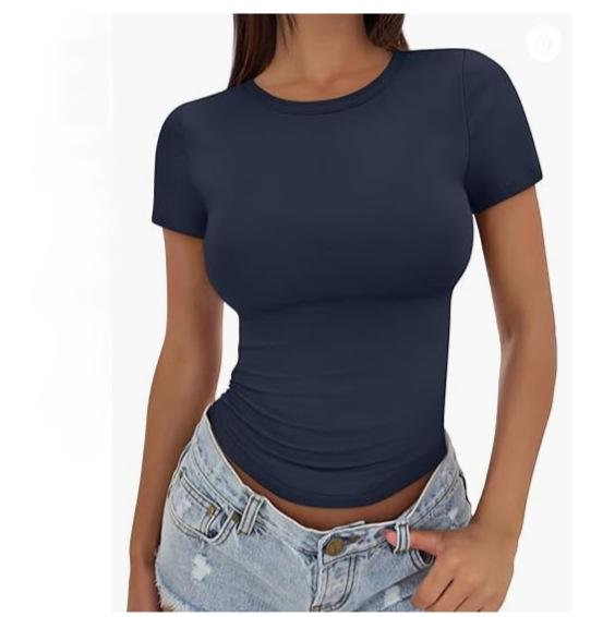 Europe beautiful woman tight spice navel short t-shirt summer slim crew neck short sleeve women's top