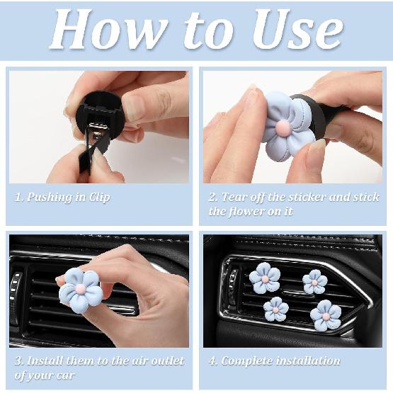JarThenaAMCS 6Pcs Daisy Floral Car Air Vent Clip Blue Flower Car Air Conditioner Outlet Decoration Cute Resin Interior Charm Ornament For Auto