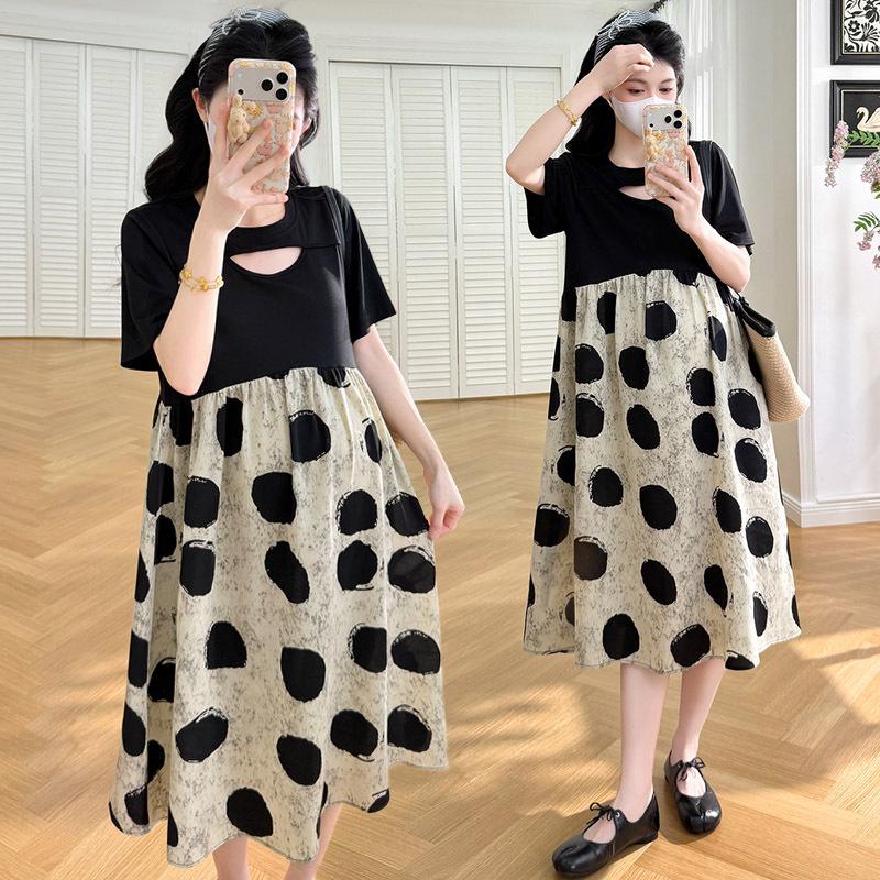 

2026 Versatile Korean Style Summer Maternity Dress: Age-Reducing, Loose, Plus Size, Slimming Patchwork Two-Piece Style 2XL чорний