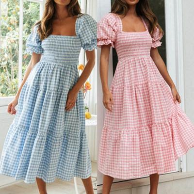 Women Dress Plaid Print Puffy Sleeve Square Collar High Waist Summer Swing