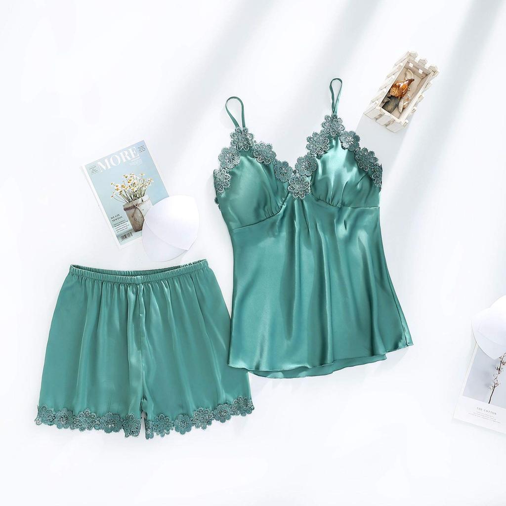 JunyueLiang Smooth and Shiny Loungewear Cute and Includes Shorts and Set or Set Size Women's Silk-Like Set, Sexy, Pants, 2-Piece 5-Piece (Green