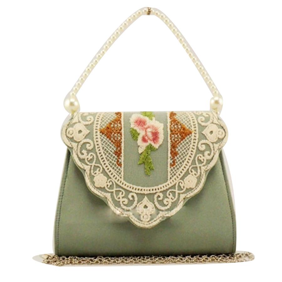 Retro Imitation pearl chains women's bag satin lace flower embroidered Totes bag flip small square bags clutch party dinner bags
