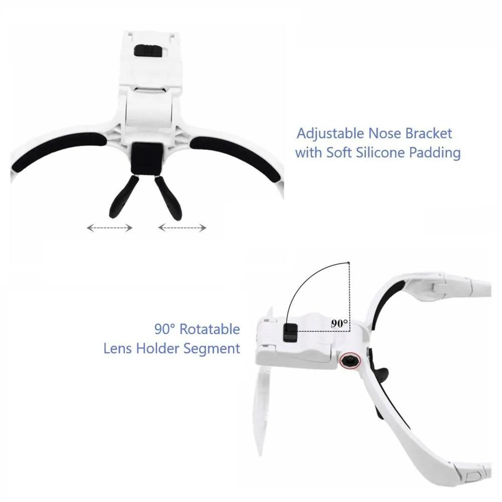 Head Magnifier With LED Light Hands Free Headband Magnifying Glass With 5 Lenses 1.0X 1.5X 2.0X 2.5X 3.5X For Jewelry Arts