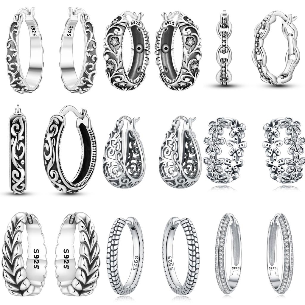 925 Silver Retro Grass Pattern Earrings Jewelry Versatile Hoop Earrings For Women Jewelry Birthday Party Fine Gifts