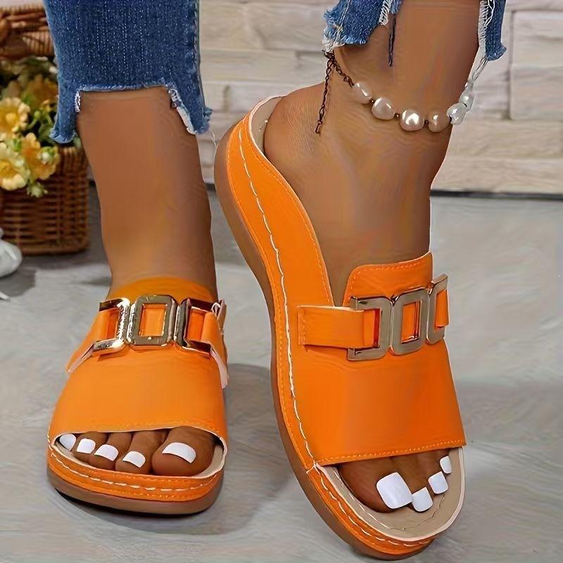 Sandali Donna Fibbia Metallica Punta Aperta Zeppa Suola Spessa Pantofole Taglie Forti Scarpe Casual Semplici