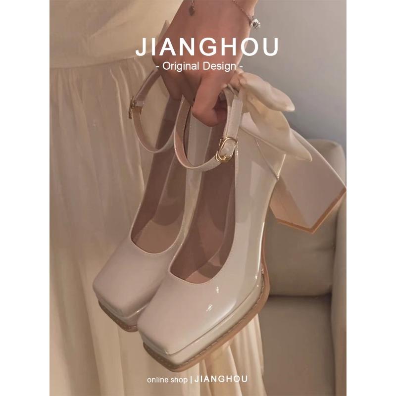 Fashion Small Red Square Heel Wedding Shoes Women 2025 Spring and Autumn New Bridal Shoes Platform Heightened Platform Mary Jane