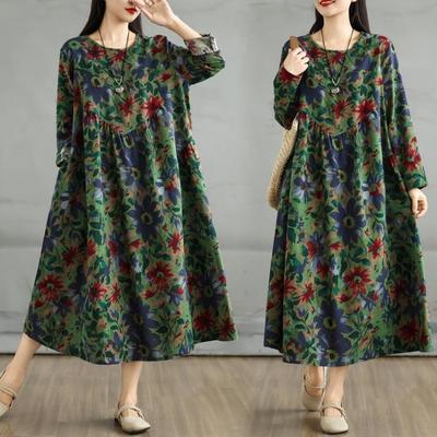 New Vintage Floral Maxi Dress Women Spring Long Sleeve Oversize Casual Plus Size Loose Long Dress