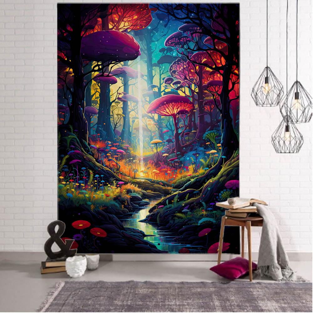 Fairy Tale Mushroom Forest Tapestry Wall Hanging Aesthetic Decoration Blanket Bed Sheet Living Room Bedroom Background Poster
