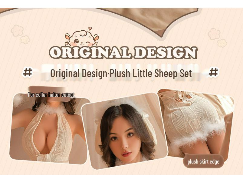 Man Yan Sexy Halter Deep V Plush Tie-Up Sheep Dress Uniform Set