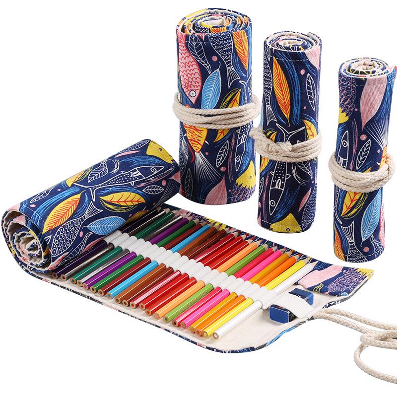 Handmade canvas pen curtain hole large capacity roll pencil case boys and girls color lead sketch stationery box