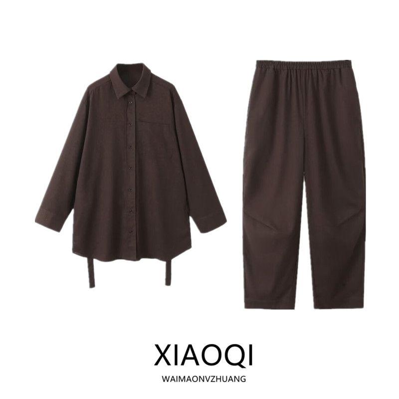 Fashion Style 24 Vintage Brown Pure Linen Mid Length Long Length Shirt Style Outwear Elastic Waist Pants 06043953717