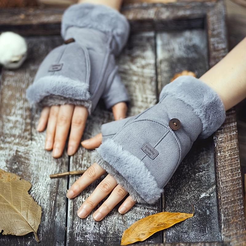 Women's suede gloves, warm thickened half finger, button closure, knitted ski gloves for women, winter sports equipment