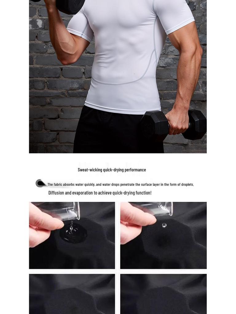 Pánské vysoce pružné, rychleschnoucí, prodyšné těsné sportovní tričko s krátkým rukávem jako základní vrstva pro běh, trénink a basketbal.