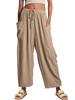 Elastic waisted pleated high waisted wide leg pants, loose casual cotton and linen pants