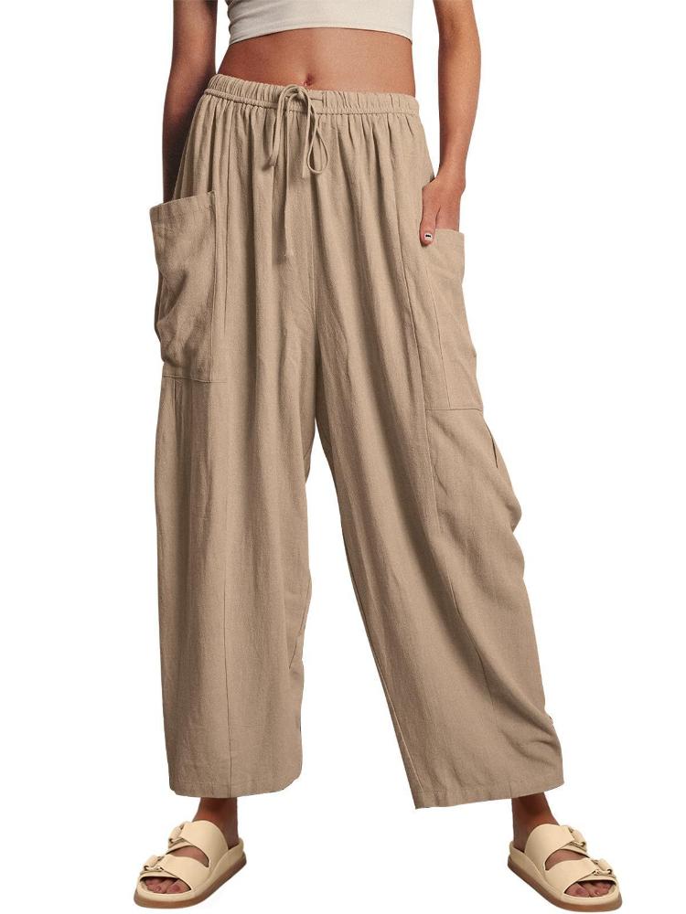 Elastic waisted pleated high waisted wide leg pants, loose casual cotton and linen pants
