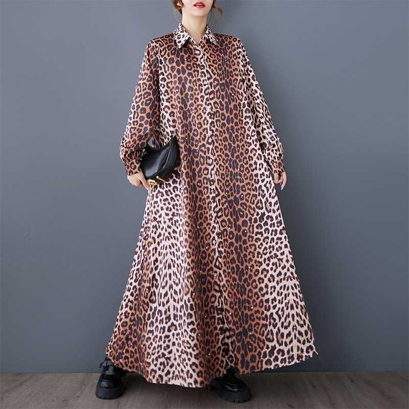 Loose Literary Big Size Fashion Leopard Print Mid-length Temperament Casual Dresses