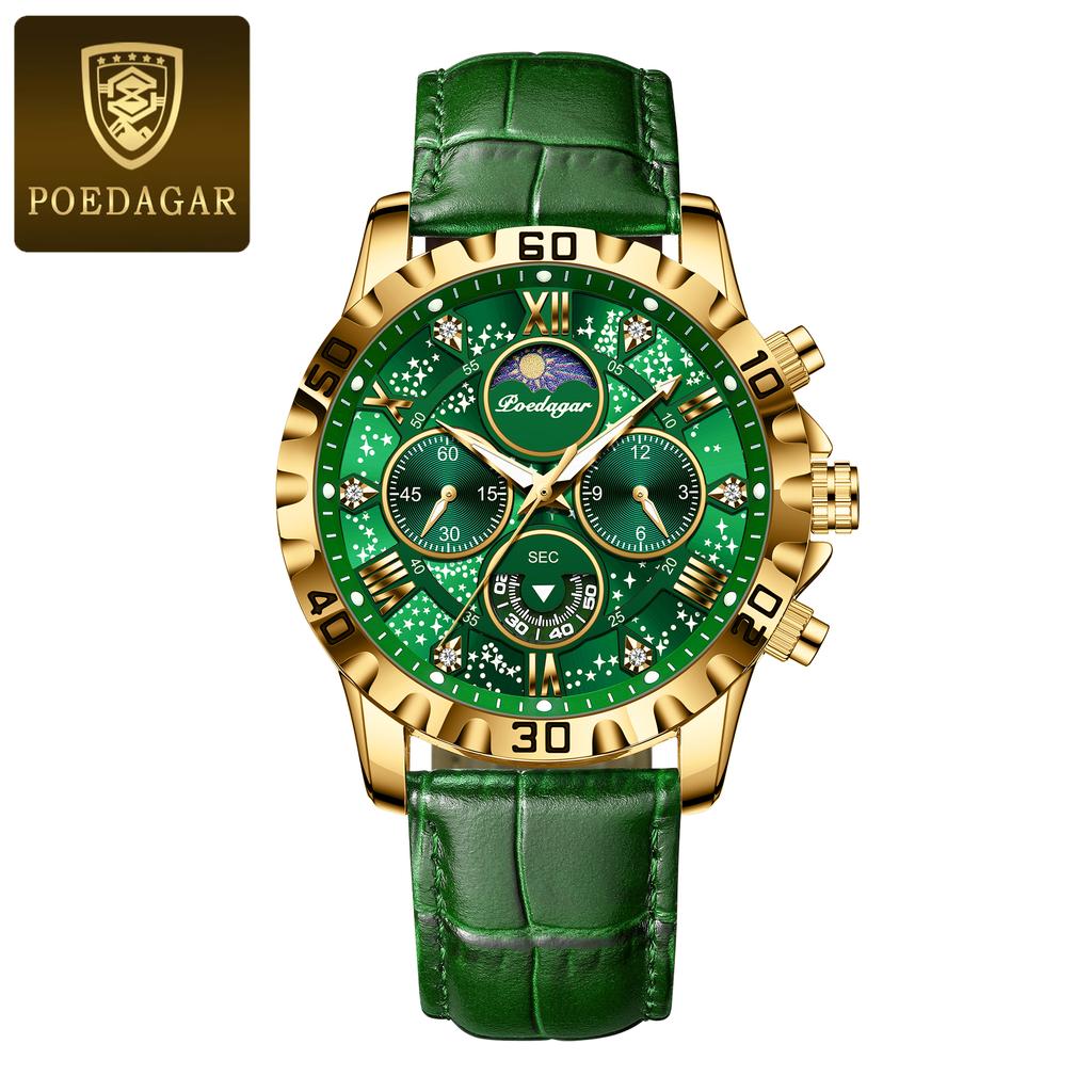 POEDAGAR Original Military Man Wristwatch Waterproof Luminous Chronograph Leather Strap Watches for Men Quartz Watch Reloj