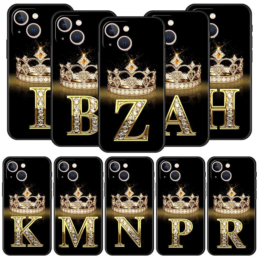 Diamond Crown Letter 26 Letters Phone Case For iPhone 17 16E 15 16 14 13 12 11 Pro Max 7 8 Plus Soft TPU Back Cover
