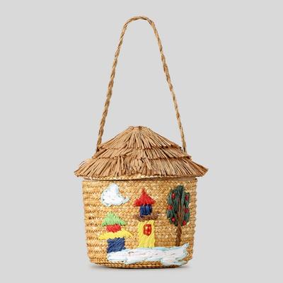 Borsa di Paglia Carina Primaverile ed Estiva Tessuta a Mano Borsa a Cesto Casina Cartone Animato Borsa da Spiaggia per Vacanze al Mare da Donna