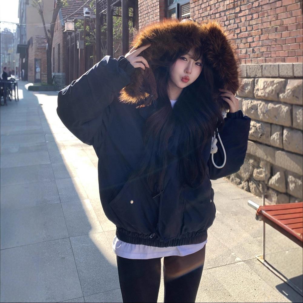 Blue Hooded Horn Buckle Cotton Clothes Women's Winter Thickened Warm Cotton Clothes Hooded Big Fur Collar Jacket