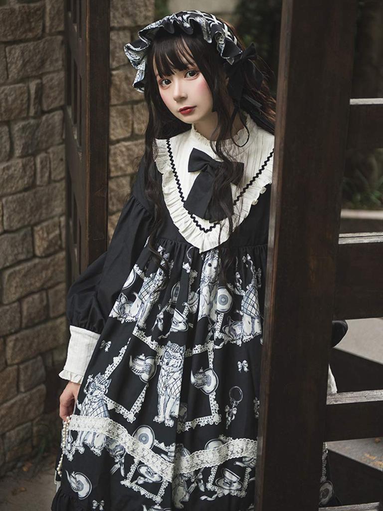 [Milky Time] Gothic Lolita Dress, Monochrome, Cosplay, Landmine Style, A-Line, Sickly Cute, Long Sleeves
