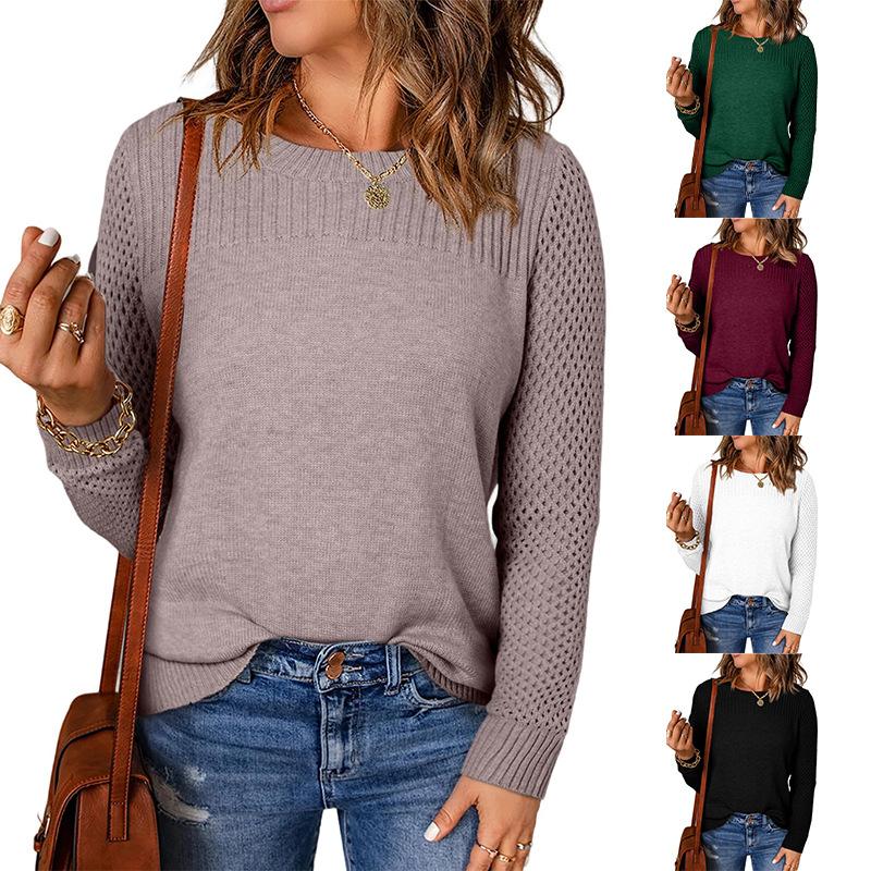 Autumn Winter Women's Round Neck Long Sleeve Solid Colour Knitwear Ribbed Openwork Base Layer Sweater Luxurious Relaxed-fit Slimming and Versatile Top