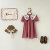 French Doll Collar Floral Embroidery Girls' Dress, Red Plaid, Short Sleeve, Sweet Summer Style