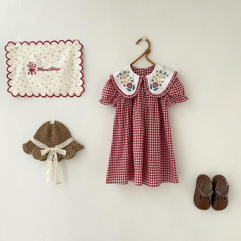 French Doll Collar Floral Embroidery Girls' Dress, Red Plaid, Short Sleeve, Sweet Summer Style
